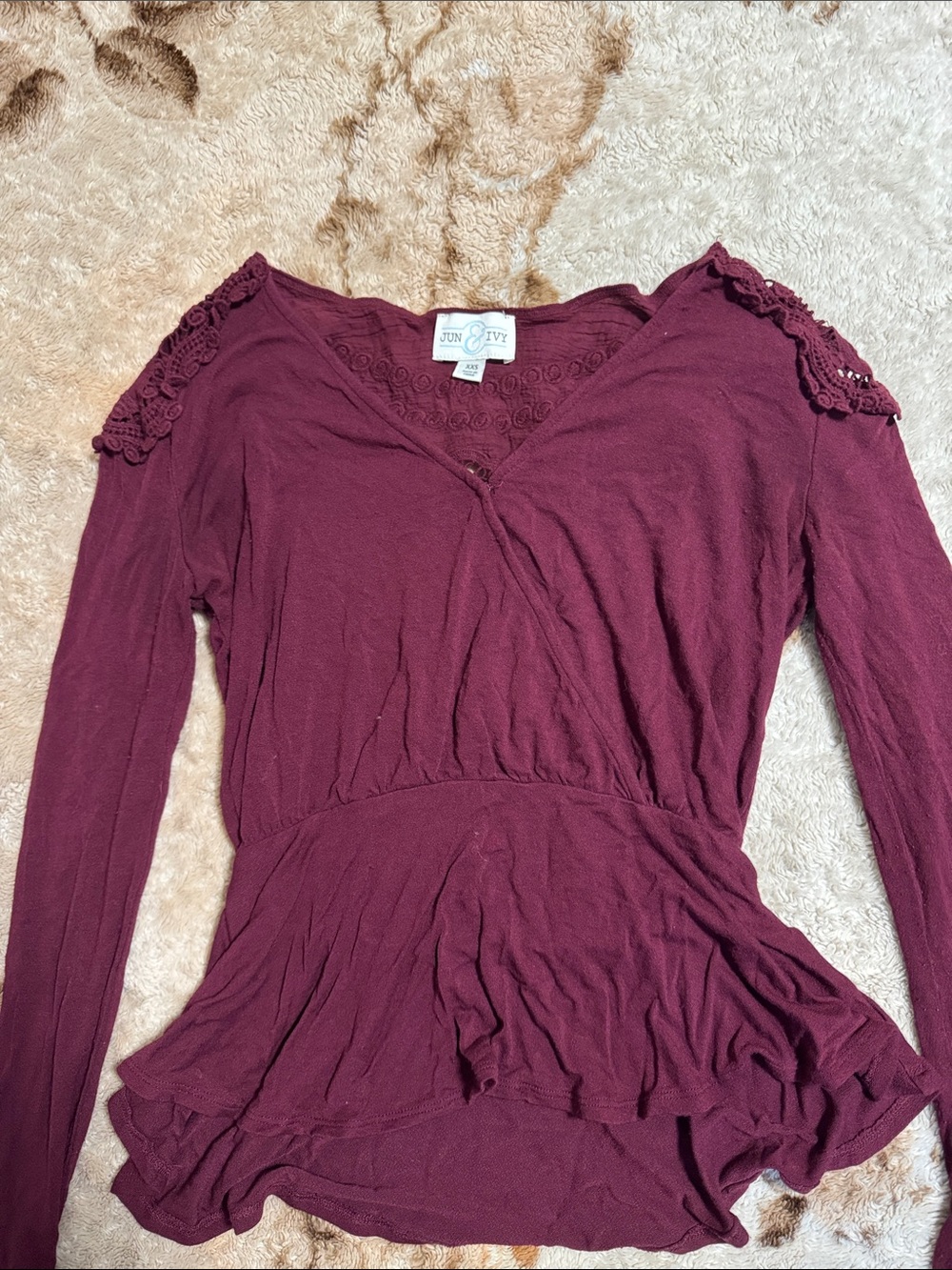 Lace-Trim Burgundy Long-Sleeve Peplum Top